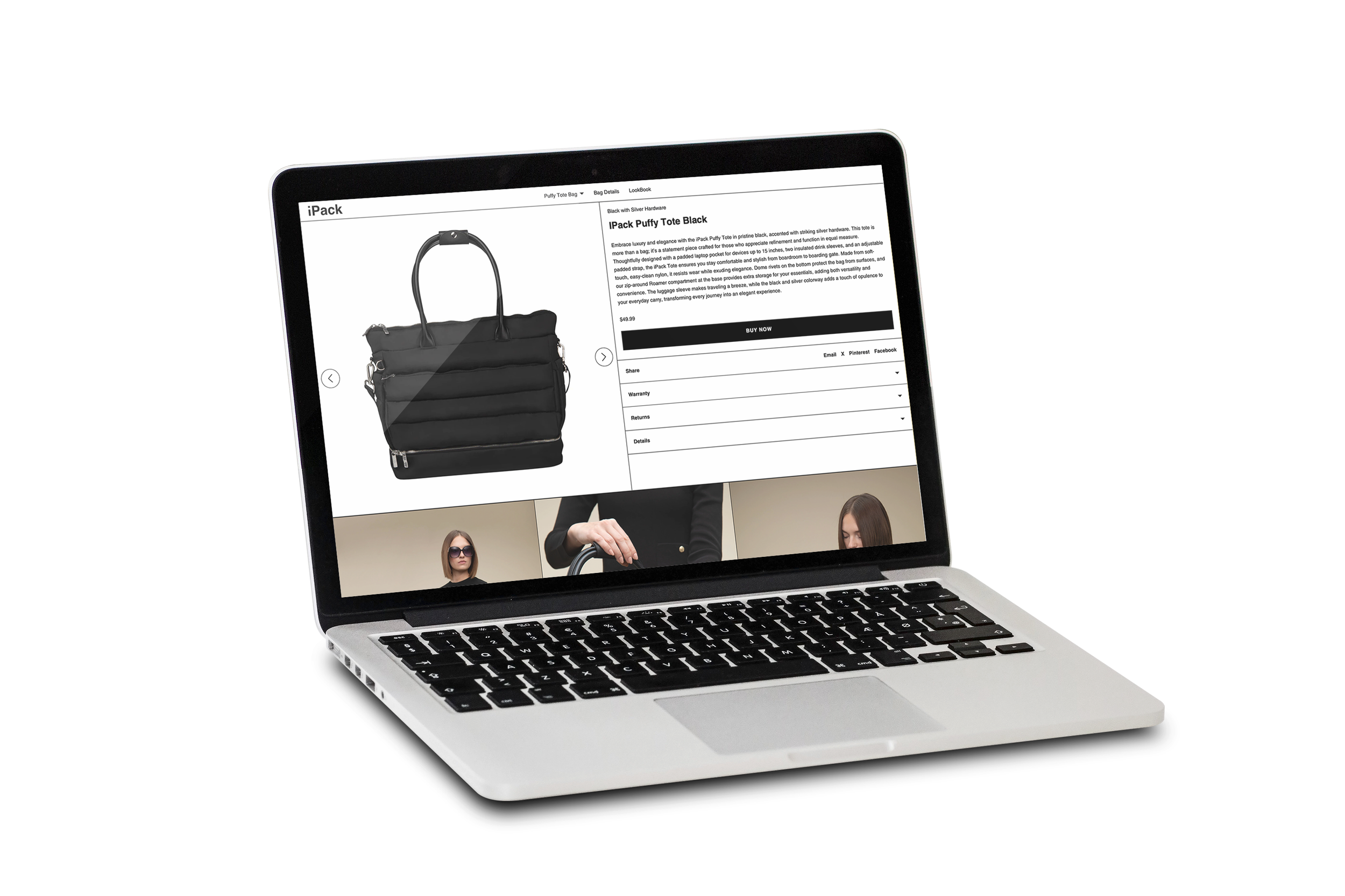 Laptop showing an online shopping website for a black padded tote bag, with images of models carrying the bag below, placed on a white background.