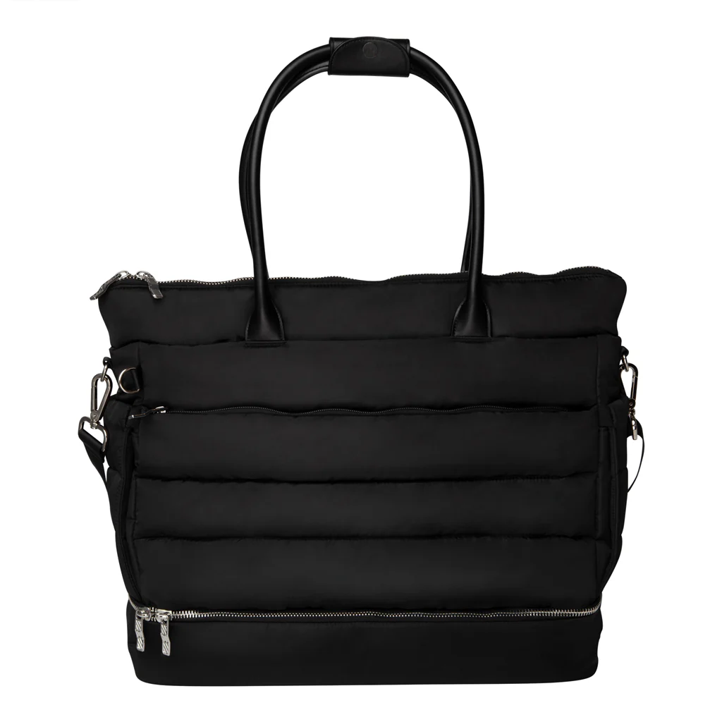 Black insulated tote bag with multiple zippered compartments and black handles.