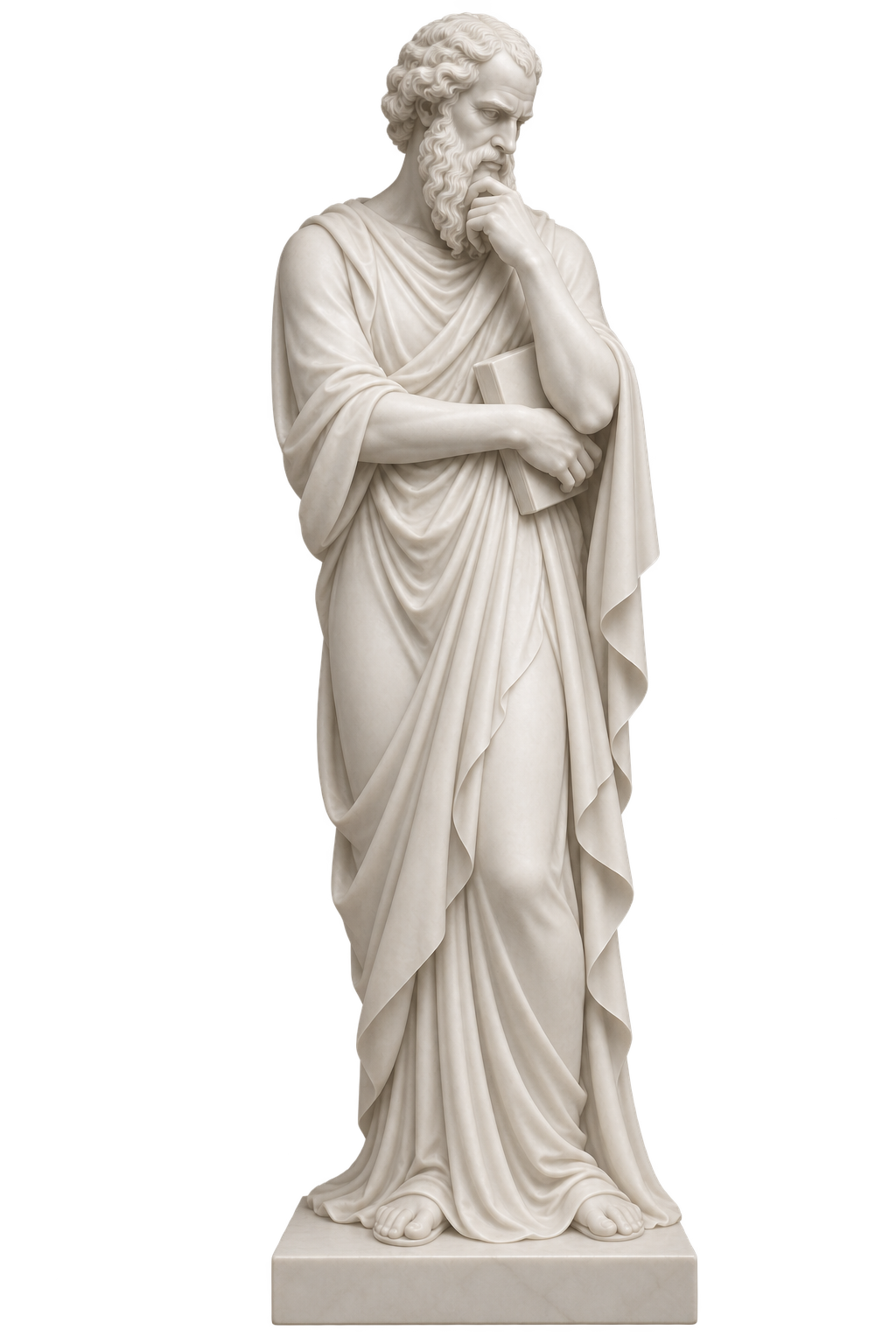 Seated marble statue of a bearded man draped in robes, holding a scroll, with a contemplative expression.