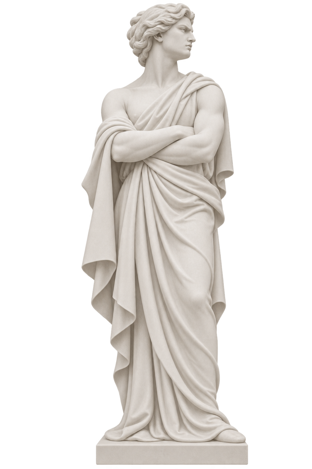 Marble statue of a hooded, robed figure holding a torch, standing on a rectangular base.