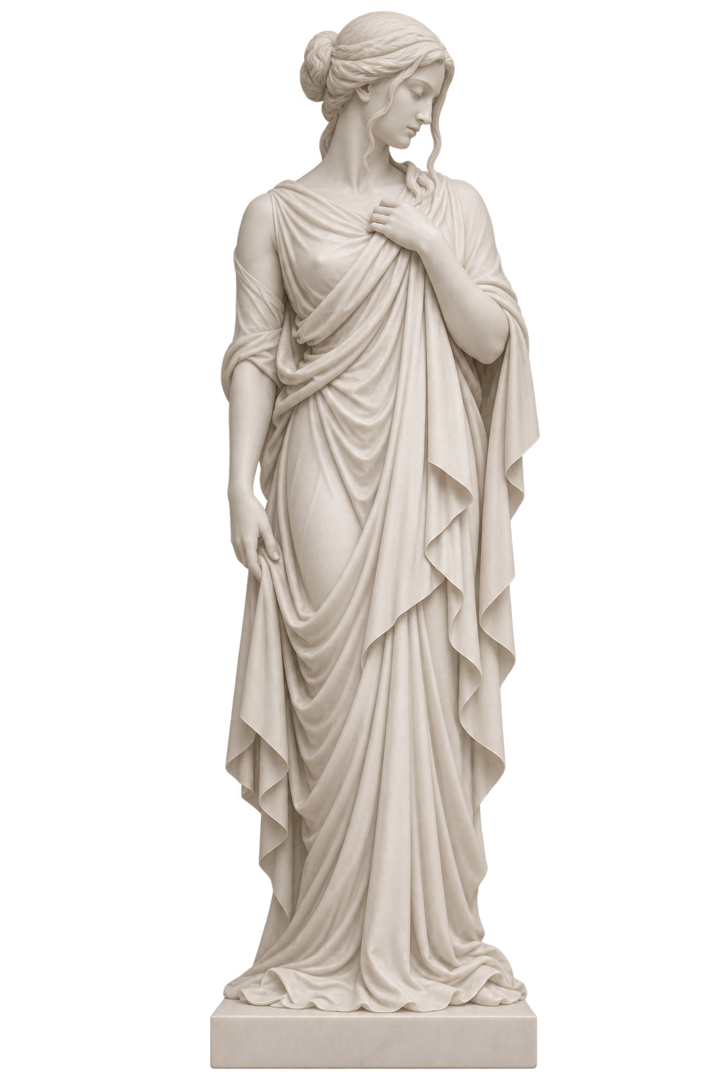 Statue of a young woman with closed eyes, holding a rose in her right hand, dressed in a draped gown with a pixelated heart near her waist.