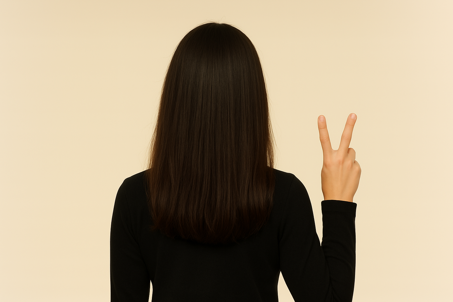 Back of woman with straight brown hair making a peace sign with her right hand against a plain beige background.