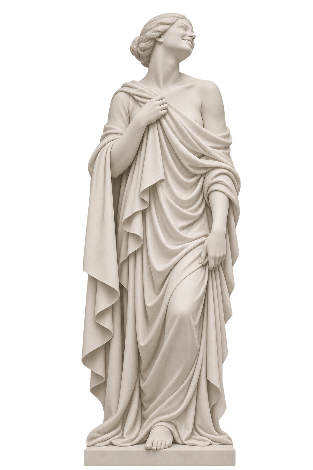 Marble sculpture of a joyful woman dancing with flowing dress, standing on a pedestal.