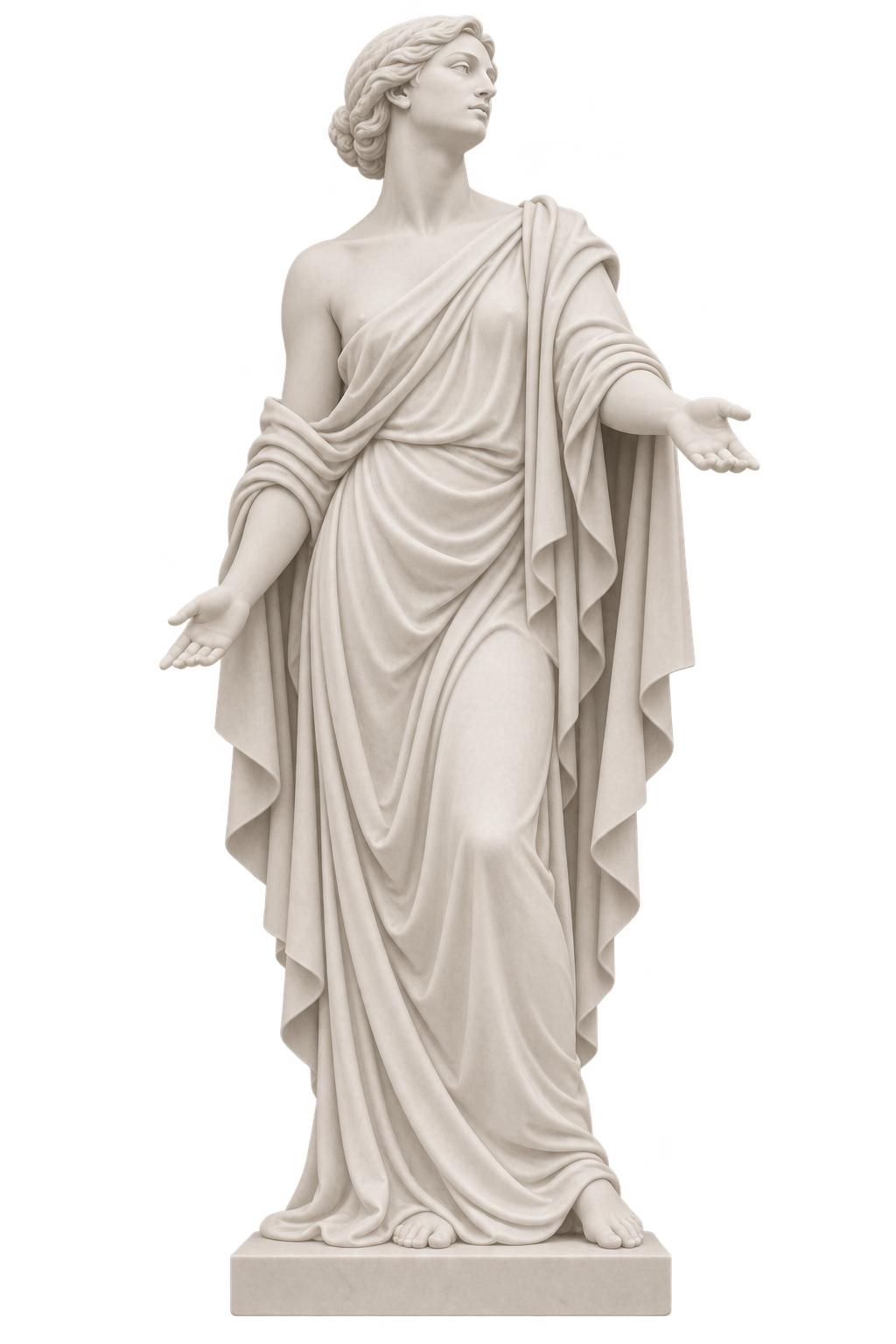 A classical sculpture of a young man with crossed arms, wearing a long robe, standing on a rectangular pedestal.