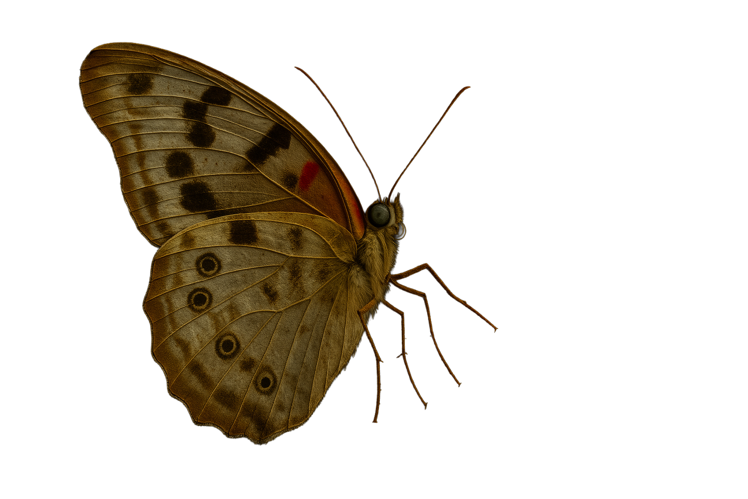 A butterfly with brown and black-spotted wings perched on a dark background.