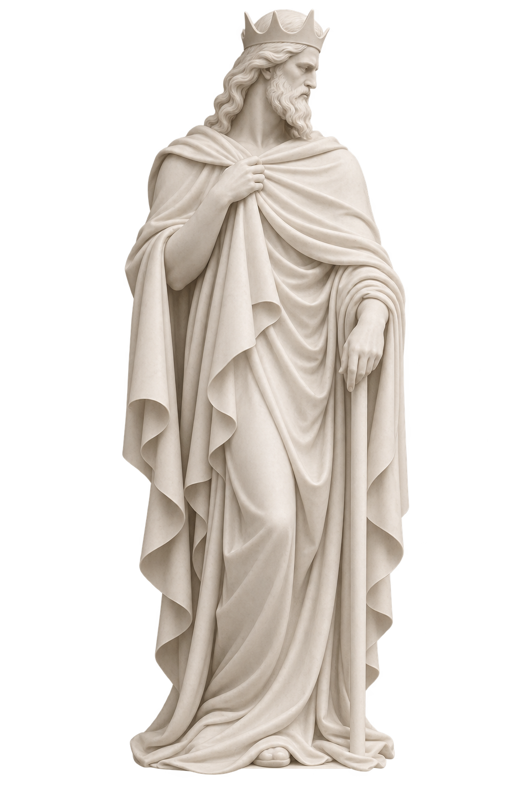A white statue of a bearded king wearing a crown, holding a scepter in his right hand and a rounded object with a cross on top in his left hand, against a black background.