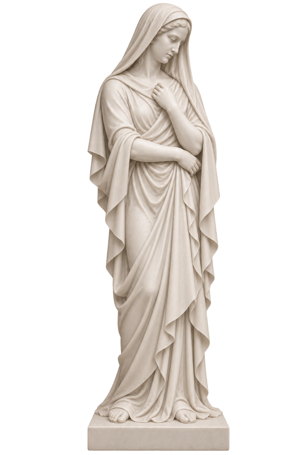 A classical marble statue of a woman dressed in flowing robes, with long hair and a serene expression, her hands clasped in front of her.