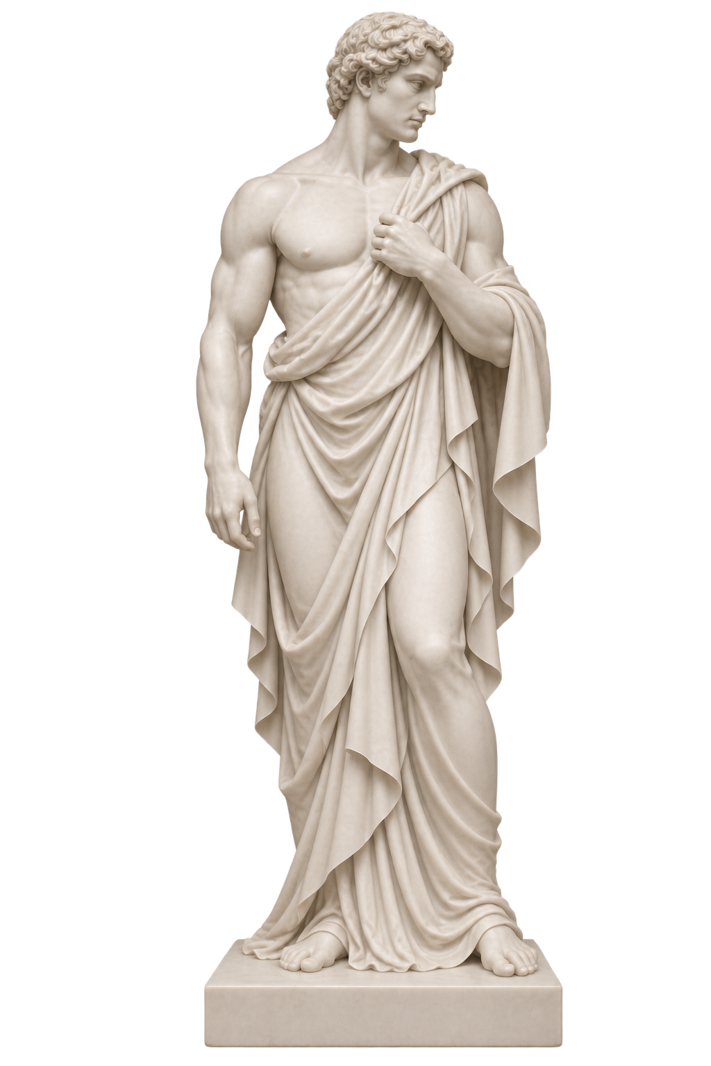 Statue of a Roman soldier holding a spear, wearing a helmet, armor, with a cape and a sword.