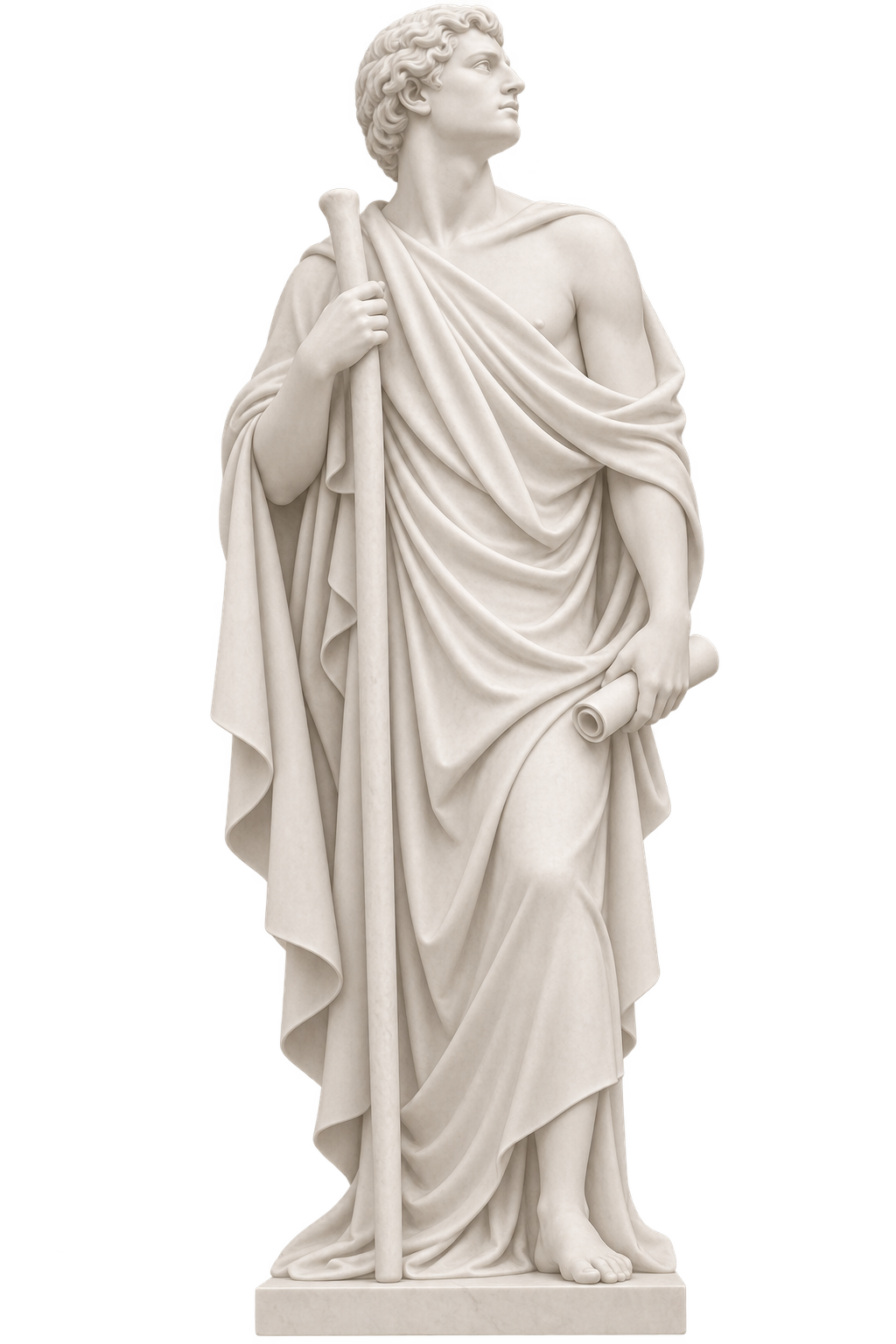 A marble sculpture of a bearded elderly man with a serious expression, wearing a hooded robe, carrying a large sack on his back, holding a staff in his right hand, with pixel art symbols on his robe.
