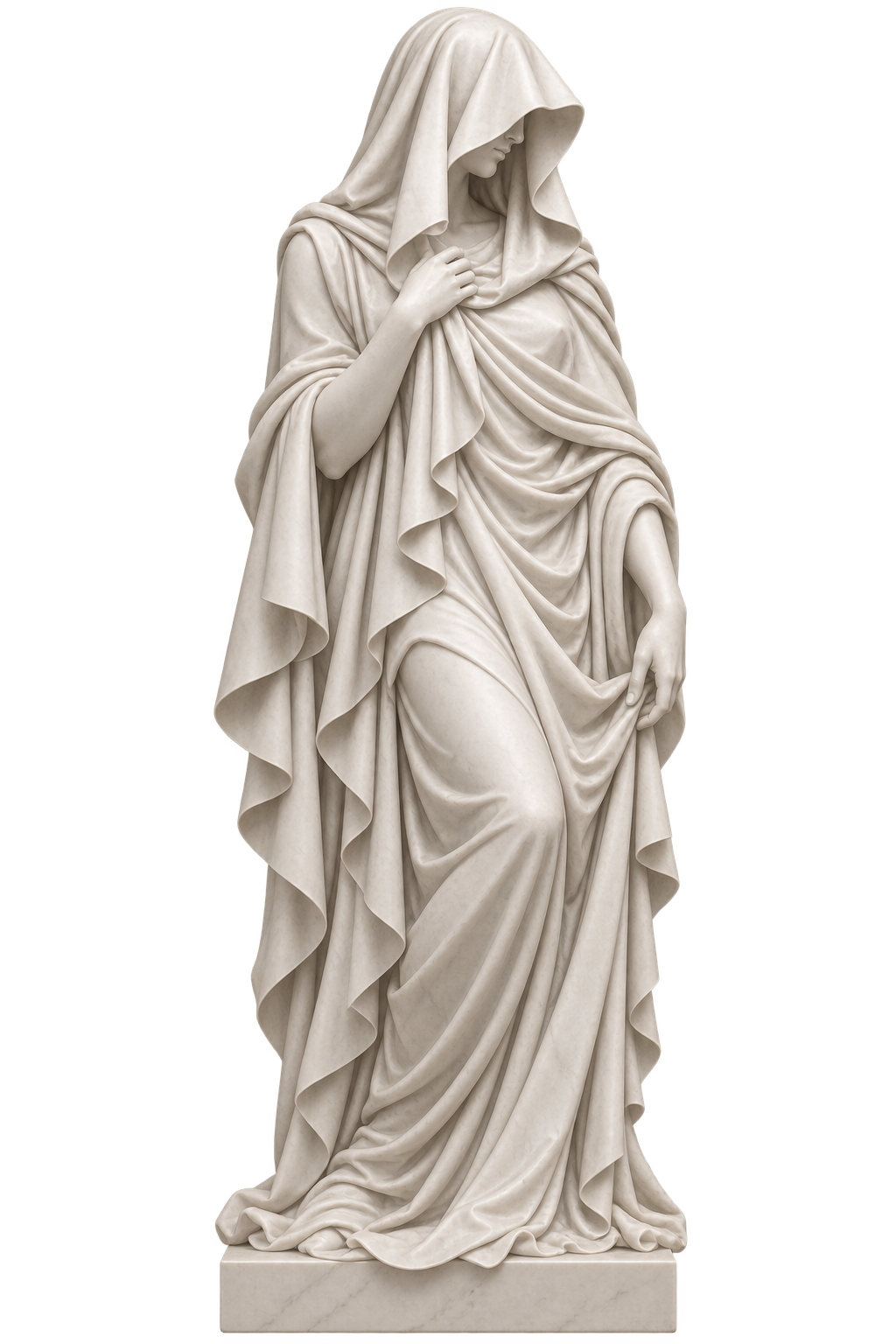 A statue of a bearded man in a hooded robe holding a lantern. The statue is in a neutral color with a pixelated medical cross symbol on the lantern.