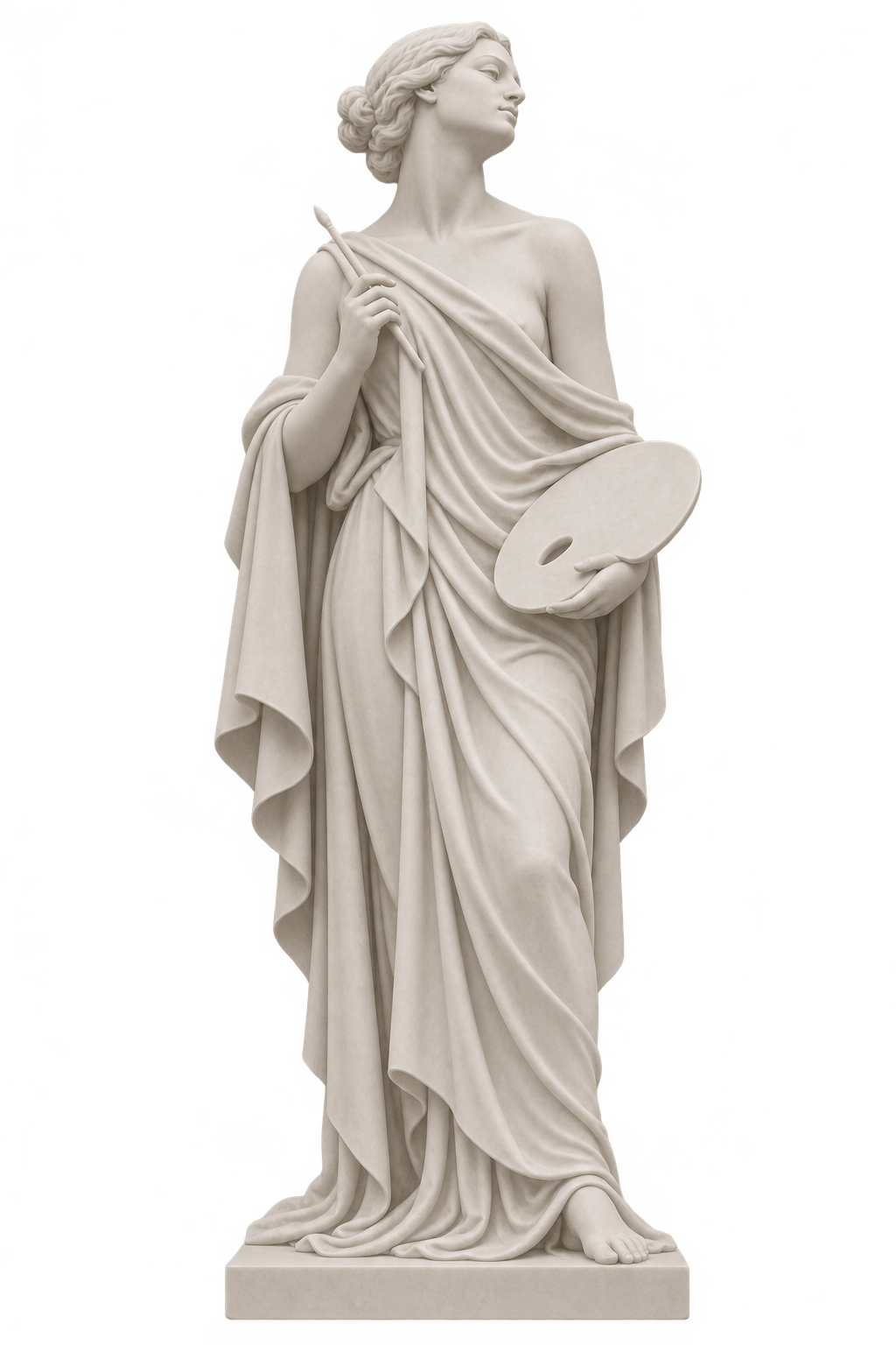 A classical statue of a woman holding a paint palette and brush, with a pixelated glitch in her abdomen area.