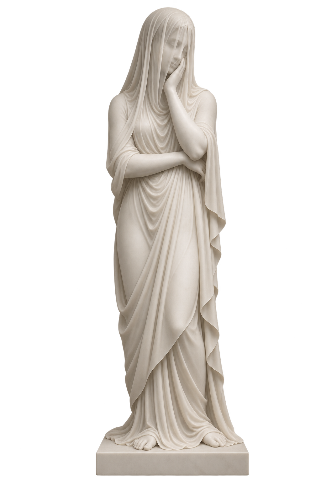 Statue of a woman with her head covered, wearing a draped gown, standing with her arms crossed, on a square base.