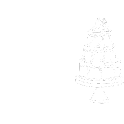 Outline drawing of a tiered birthday cake with candles and a bride and groom topper, on a cake stand.