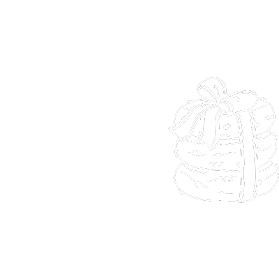 Line drawing of a stack of cookies tied with a ribbon on a black background.