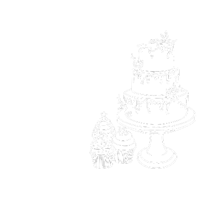 A line drawing of a three-tiered birthday cake with decorative flowers and leaves, on a cake stand, accompanied by three cupcakes with decorative toppings.