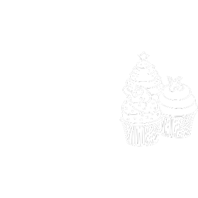 White outline of two decorated cupcakes with Christmas tree and bow toppers on a black background.