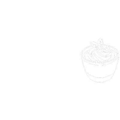 Line drawing of a bowl of soup garnished with herbs and a spoon.