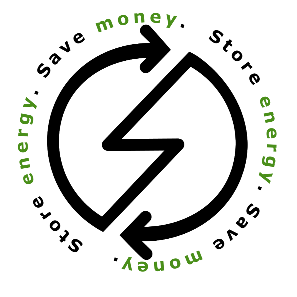 Equivolt logo - A black outline of a circle/bolt with the words 'save money', 'store energy', 'money',  written in green around it.