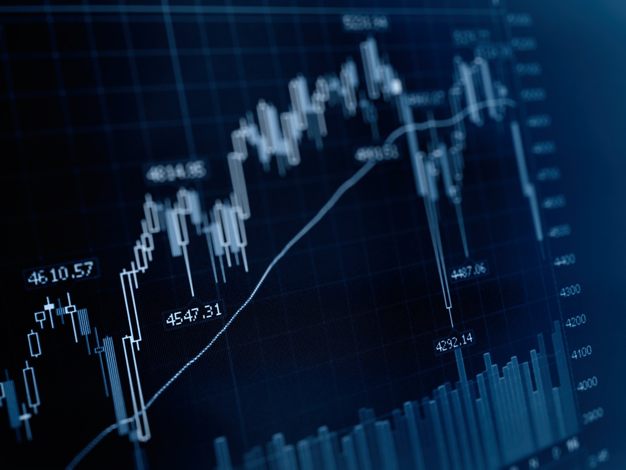 A digital graph showing financial data with candlestick charts and a line graph on a dark background.
