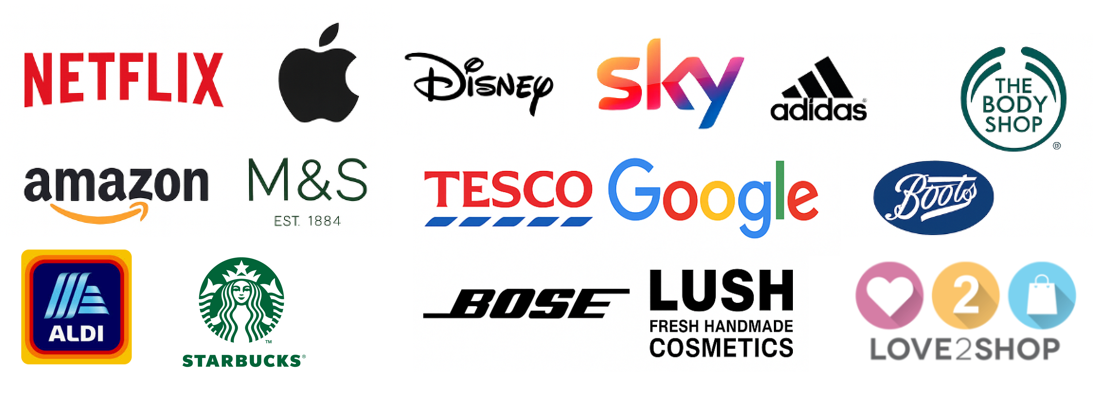 A collage of brand logos including Netflix, Apple, Disney, Sky, Adidas, The Body Shop, Amazon, M&S, Tesco, Google, Boots, Aldi, Starbucks, Bose, Lush, and Love2Shop.