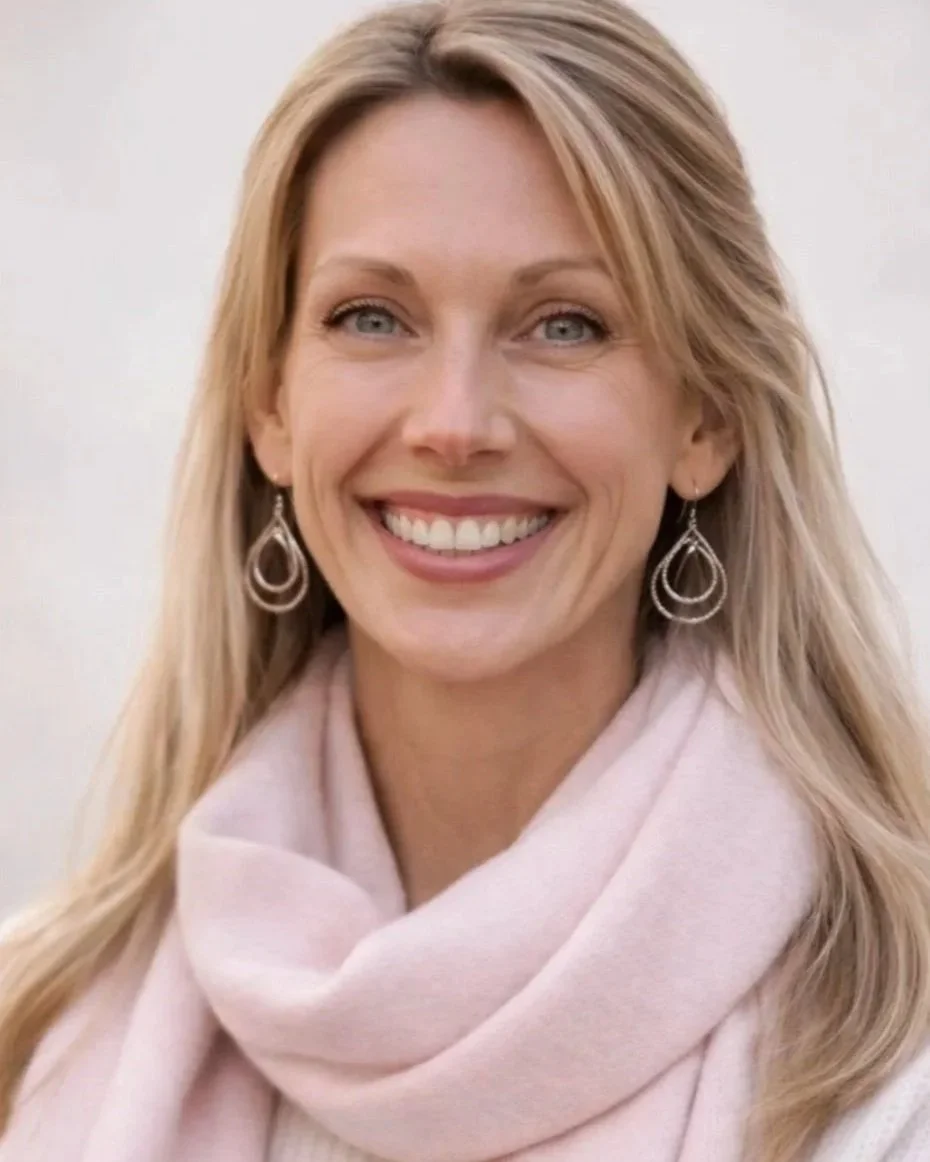 Woman with blonde, below the shoulder length hair wearing blue jeans, a white turtleneck shirt with a deep wine colored blazer standing outside under scenic trees
