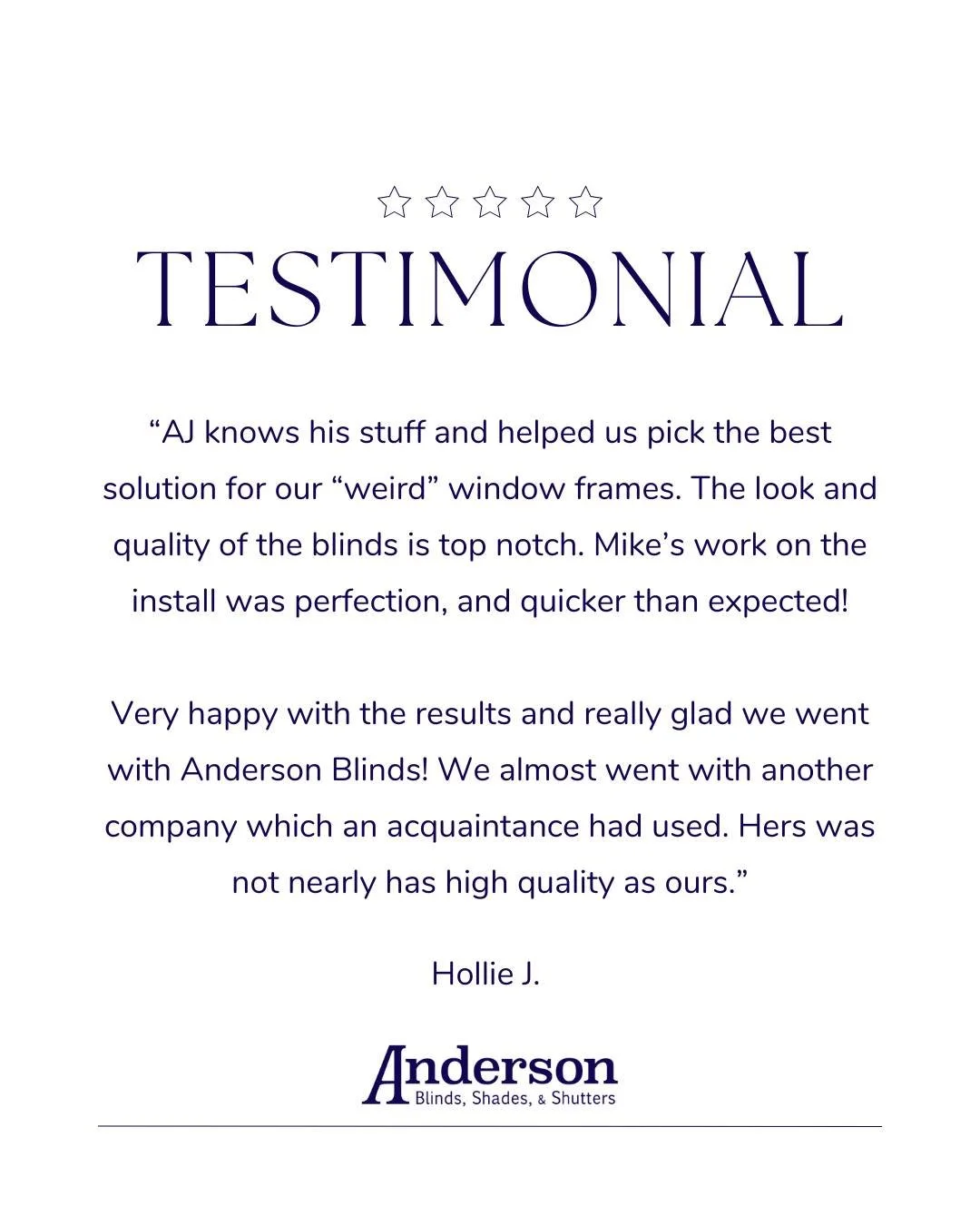 ⭐️⭐️⭐️⭐️⭐️
&ldquo;From tricky window frames to a flawless install, AJ and Mike made the whole process a breeze. The blinds look amazing and the quality speaks for itself!&rdquo;
ㅤ
We love hearing stories like this one! Thank you to Hollie for trustin