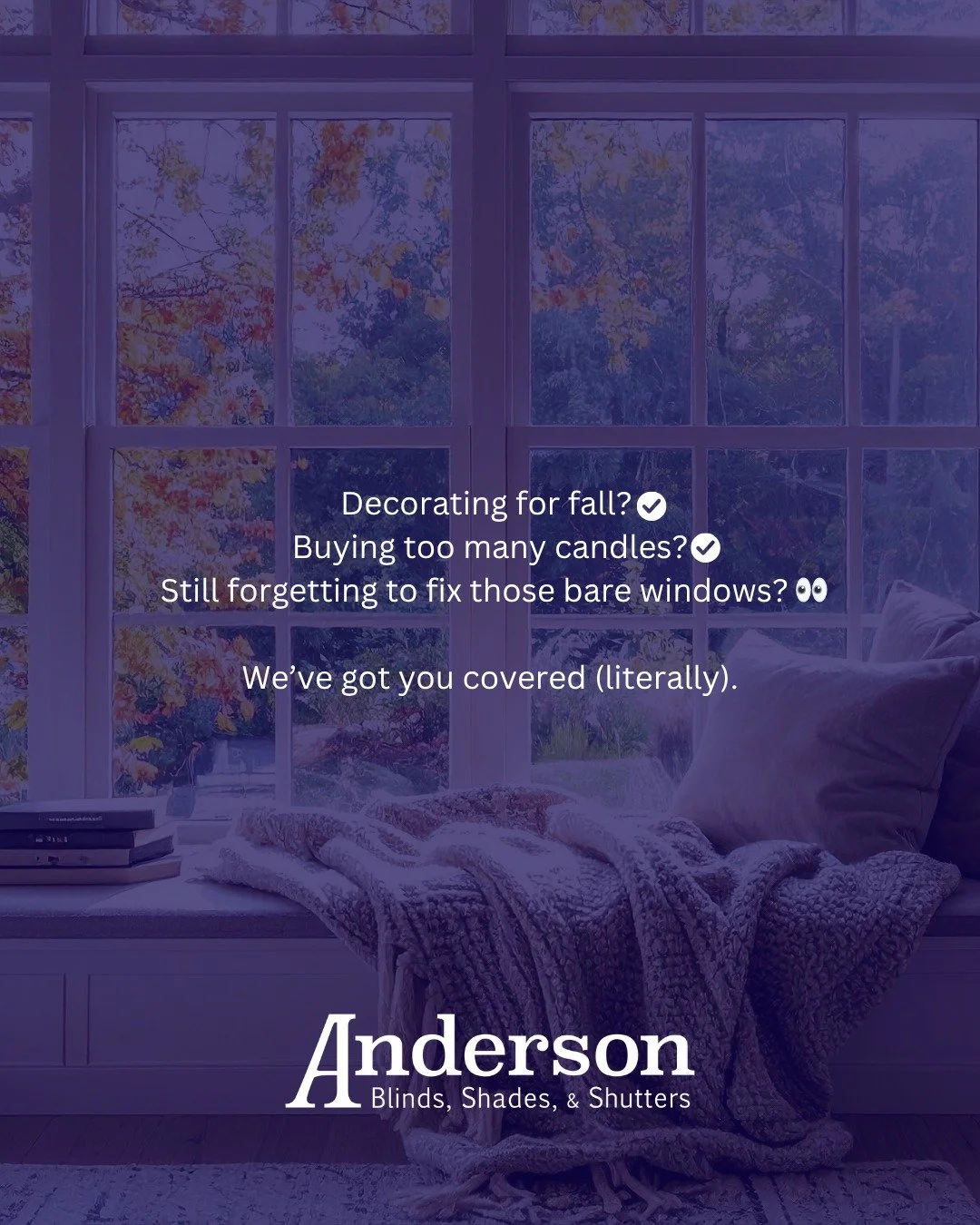 Fall d&eacute;cor? Nailed it.
Candles? Always.
Bare windows? &hellip;yeah, that part&rsquo;s less cozy.
ㅤ
Upgrade your home this season with custom blinds + shades that bring the cozy vibes and the function. ✨
ㅤ
📞 Book your free in-home consultation
