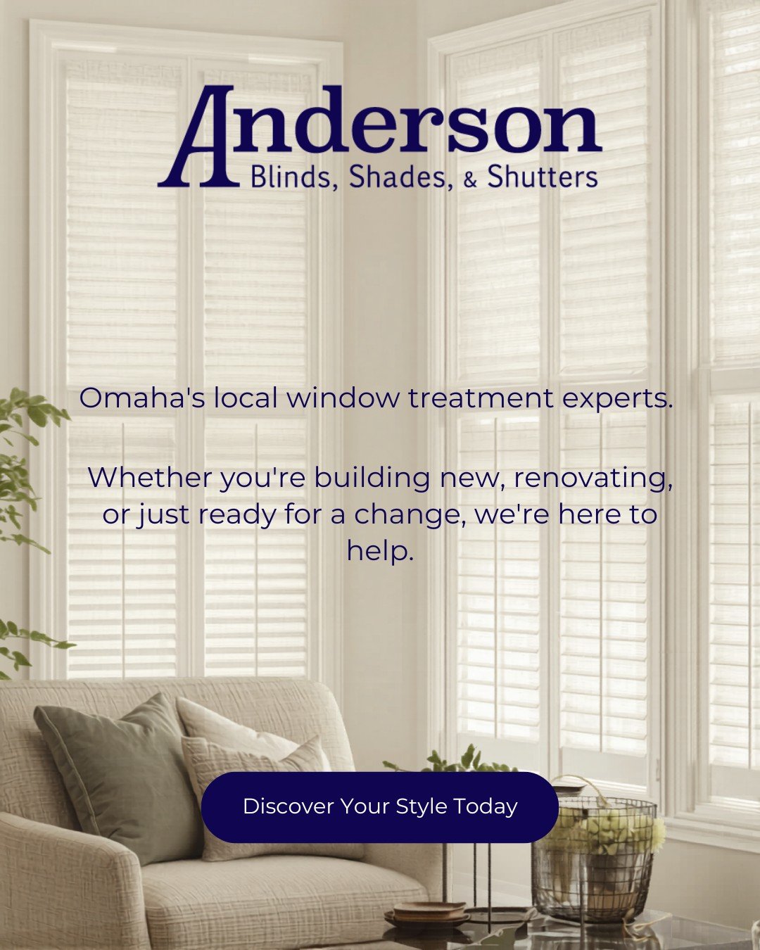 Hello, Omaha! 👋 Transform your home one window at a time with Anderson Blinds, Shades, &amp; Shutters.
ㅤ
From new construction projects to refreshing your current space, we offer expert advice and beautiful, high-quality window treatments to perfect