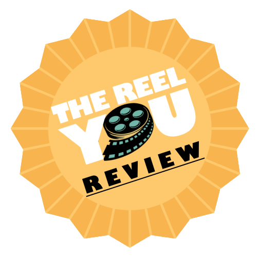 Badge with a film reel in the center, surrounded by the words "The Reel You Review" in white and black text on a yellow starburst background.