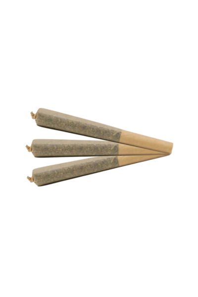 Three cannabis joints with filters, laid out parallel on a black background.