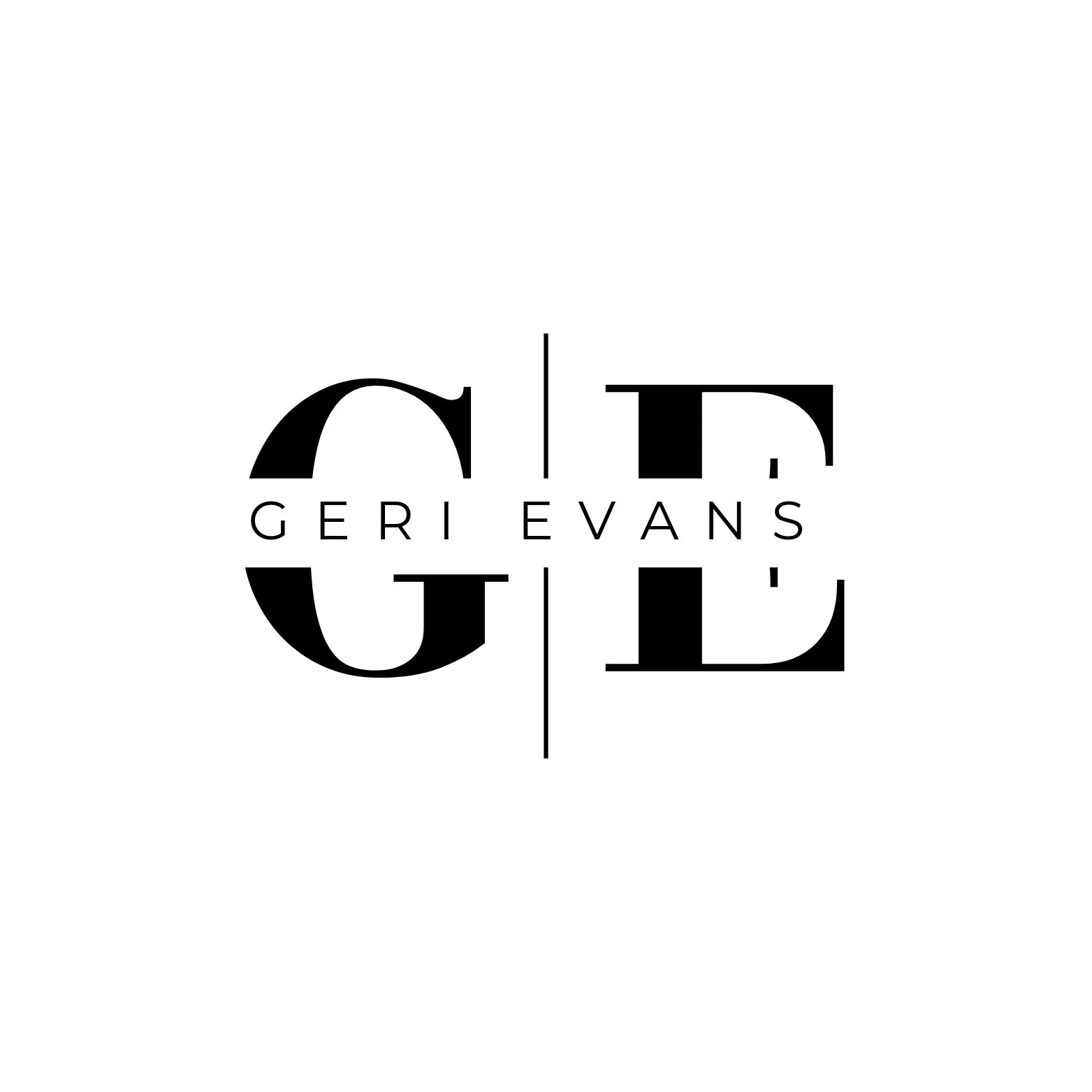 Geri Evans logo with large black initials 'GE' separated by a vertical line, and the name 'Geri Evans' in smaller black uppercase letters across the middle.