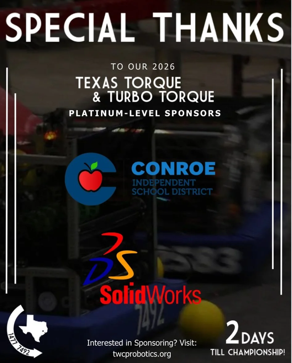 Two days until Champs! So happy to thank Conroe ISD and Solid Works for your support to our team and mission! 

Load in tomorrow, see y&rsquo;all there🤖!