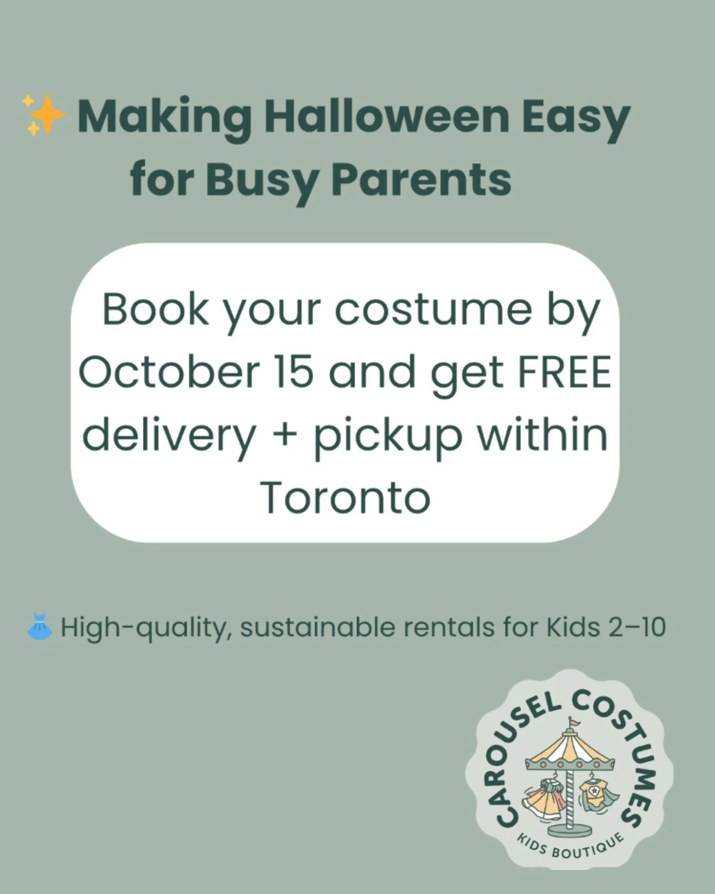 🎃 Halloween made easy for busy parents!
Book your child&rsquo;s costume by October 15 and enjoy FREE delivery + pickup across Toronto.
👗 High-quality rentals for kids 2&ndash;10
✨ Sustainable &bull; Local &bull; Stress-free
👉 Book now &rarr; carou