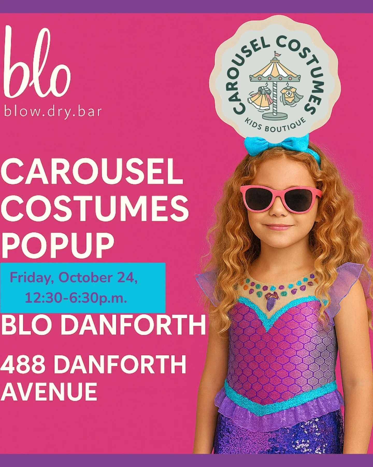 Get beachy waves for your little mermaid 🐚✨
Join us this Friday (Oct 24) at @Blo Dry Bar &ndash; 488 Danforth Ave from 12:30&ndash;6:30 PM for a Carousel Costumes Pop-Up!
👗 Rent your little one&rsquo;s dream costume. Come early for the best selecti