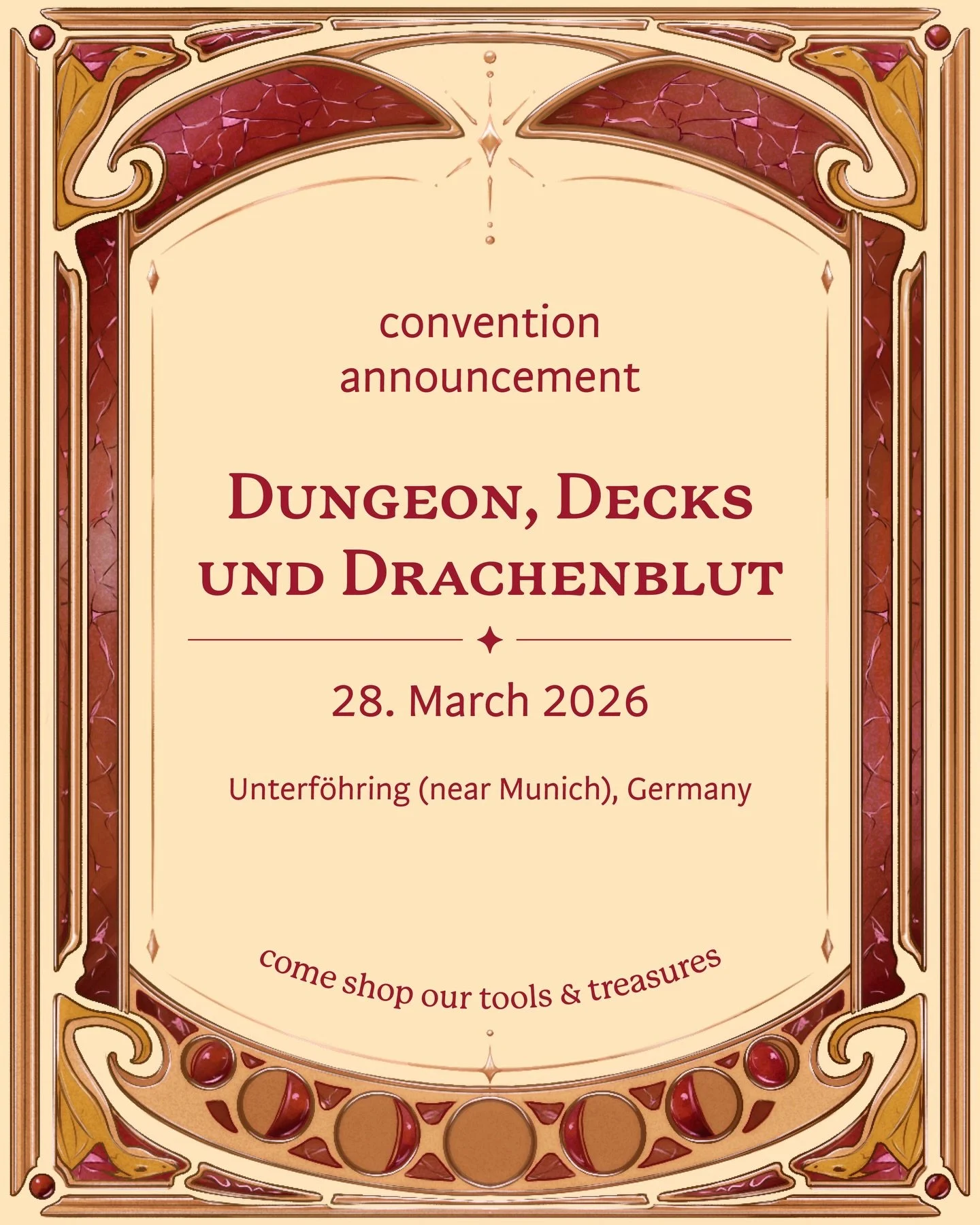 🔸 We&rsquo;ll be at Dungeon, Decks und Drachenblut (3D Con) in Unterf&ouml;hring (near Munich), Germany 
(28. March 2026) 

@ufggsindl is hosting an amazing pen &amp; paper event and we are joining with our portable magic shop ✨
You can find lots of