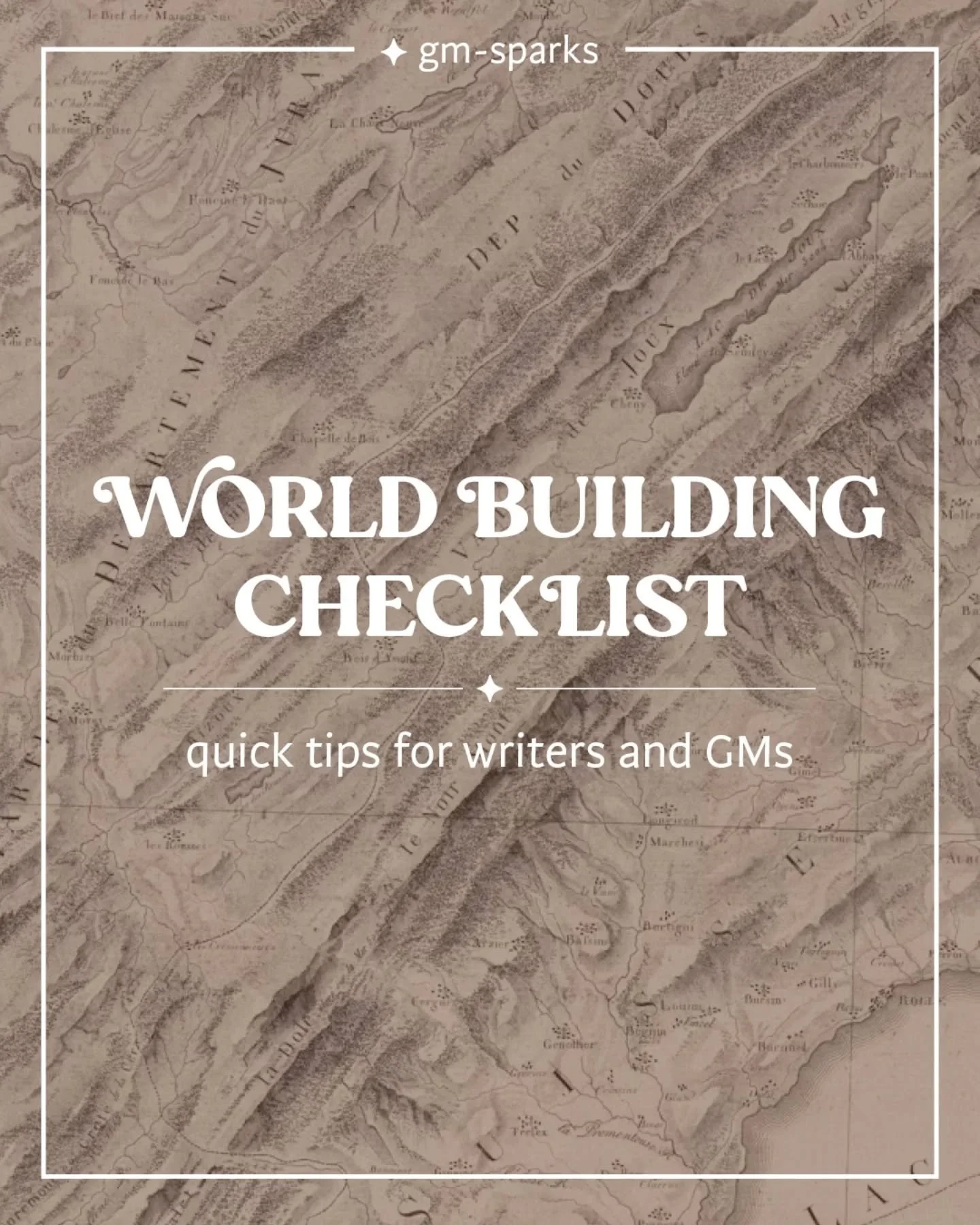 🔸 Are you struggling with creating your own worlds?

Here is a quick checklist on what to look out for when you start world building. ✨

- societies, ethnicities, and cultures 👥 
- sciences, technologies, deities, and magic 🪄 🧪 
- governments 👑 