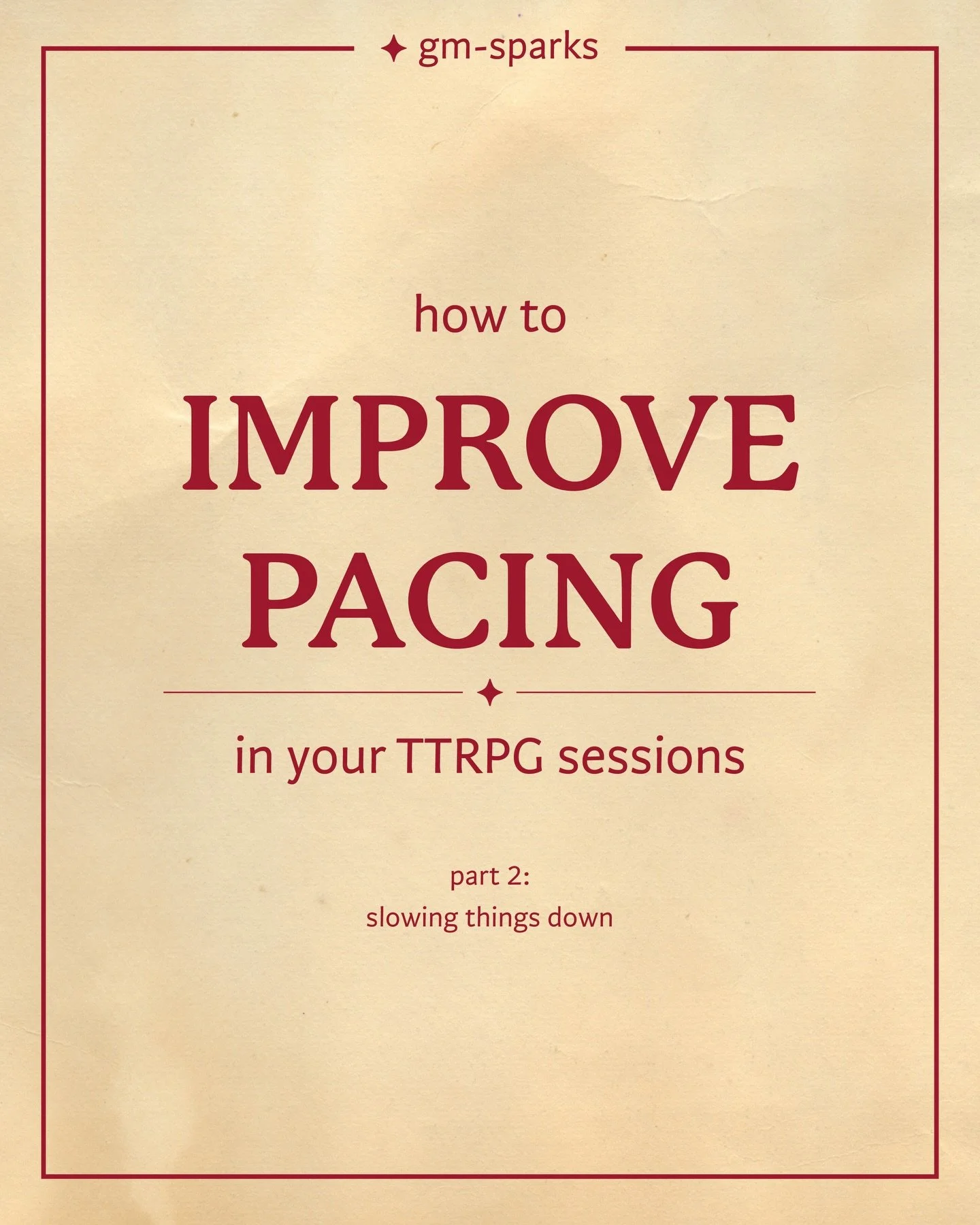 🔸 You want to improve TTRPG session pacing as a game master?

When pacing feels off and you want to intentinally stretch out key plot moments or interactions, try these tips and mechanics!

 ◆ Zooming in
 ◆ The onion effect
 ◆ Intentional spotlight
