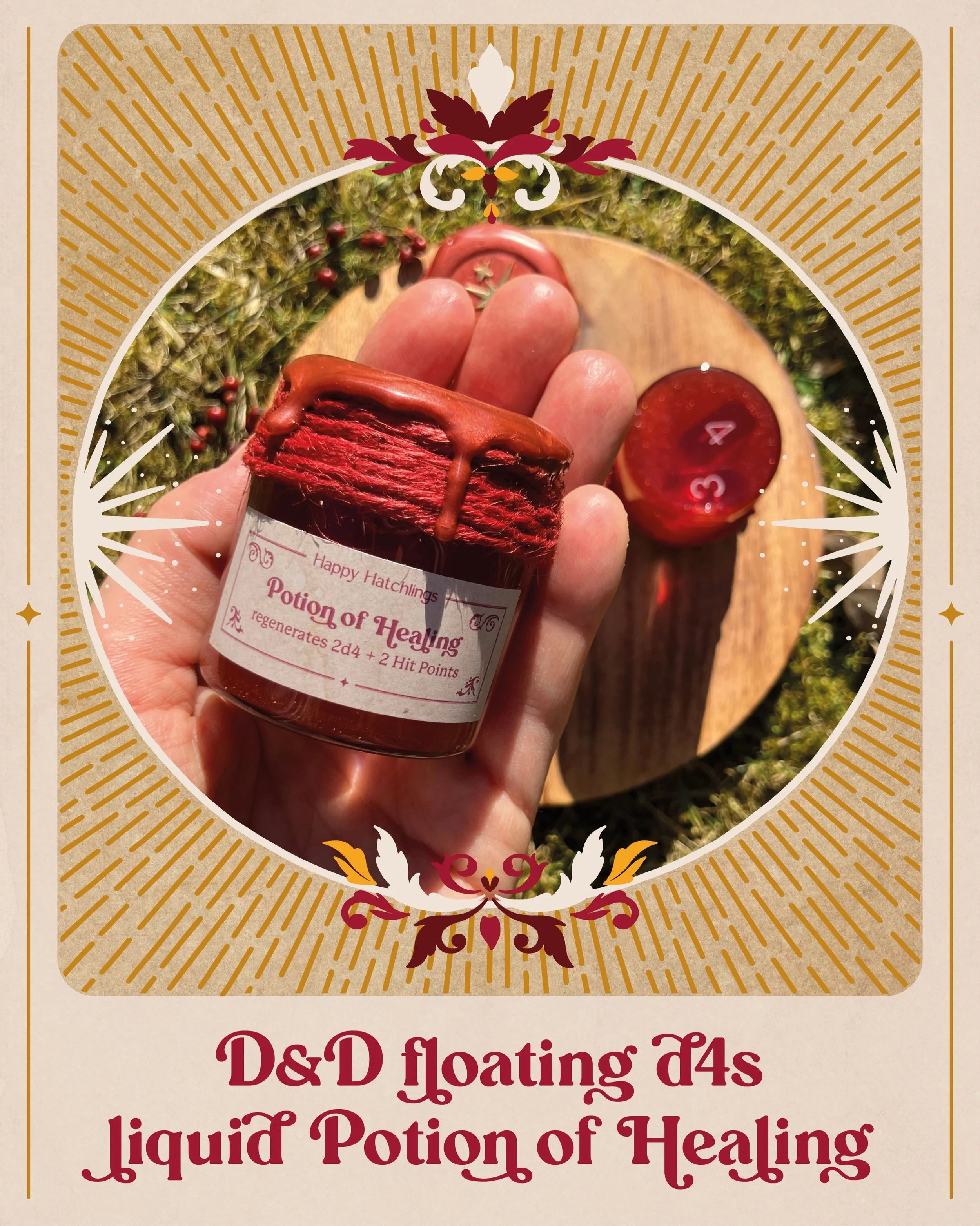 🔸Our magical liquid &ldquo;Potion of Healing&rdquo; is a floating d4 health potion ❤️&zwj;🩹 

These handmade potions make rolling hit points more immersive and fun for your dungeons &amp; dragons games ✨ 
Shake well and turn upside down to roll and