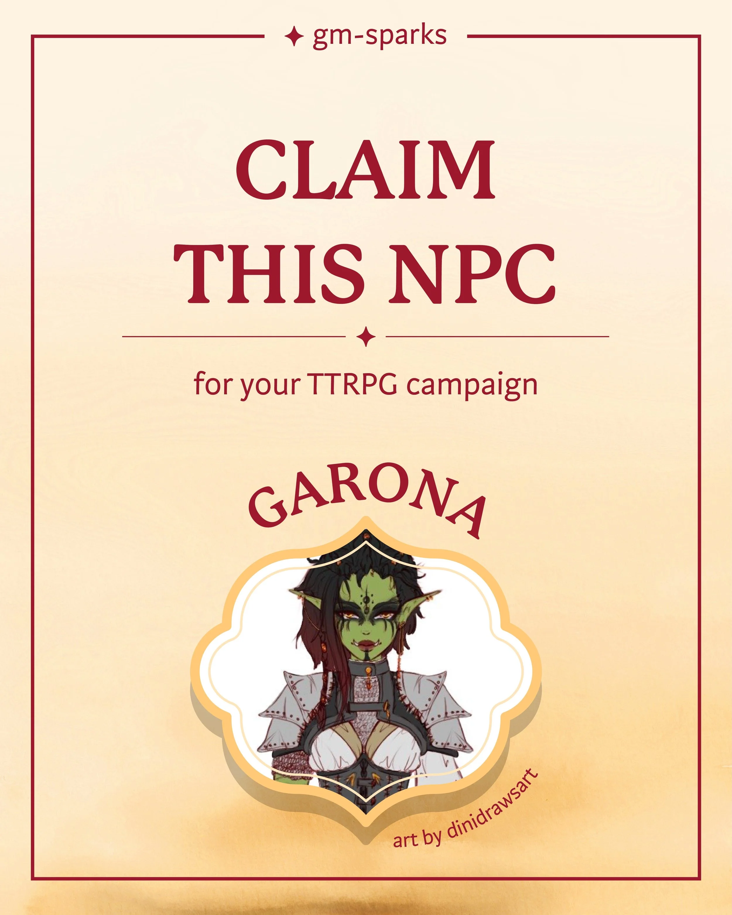 🔸 Recruit our NPC &bdquo;Garona&ldquo; for your TTRPG campaign 🧡

Are you a GM or player who&rsquo;s looking for character inspiration?

Discover an original character from our homebrew D&amp;D campaign ✨
Get insight on Garona&rsquo;s personality, 