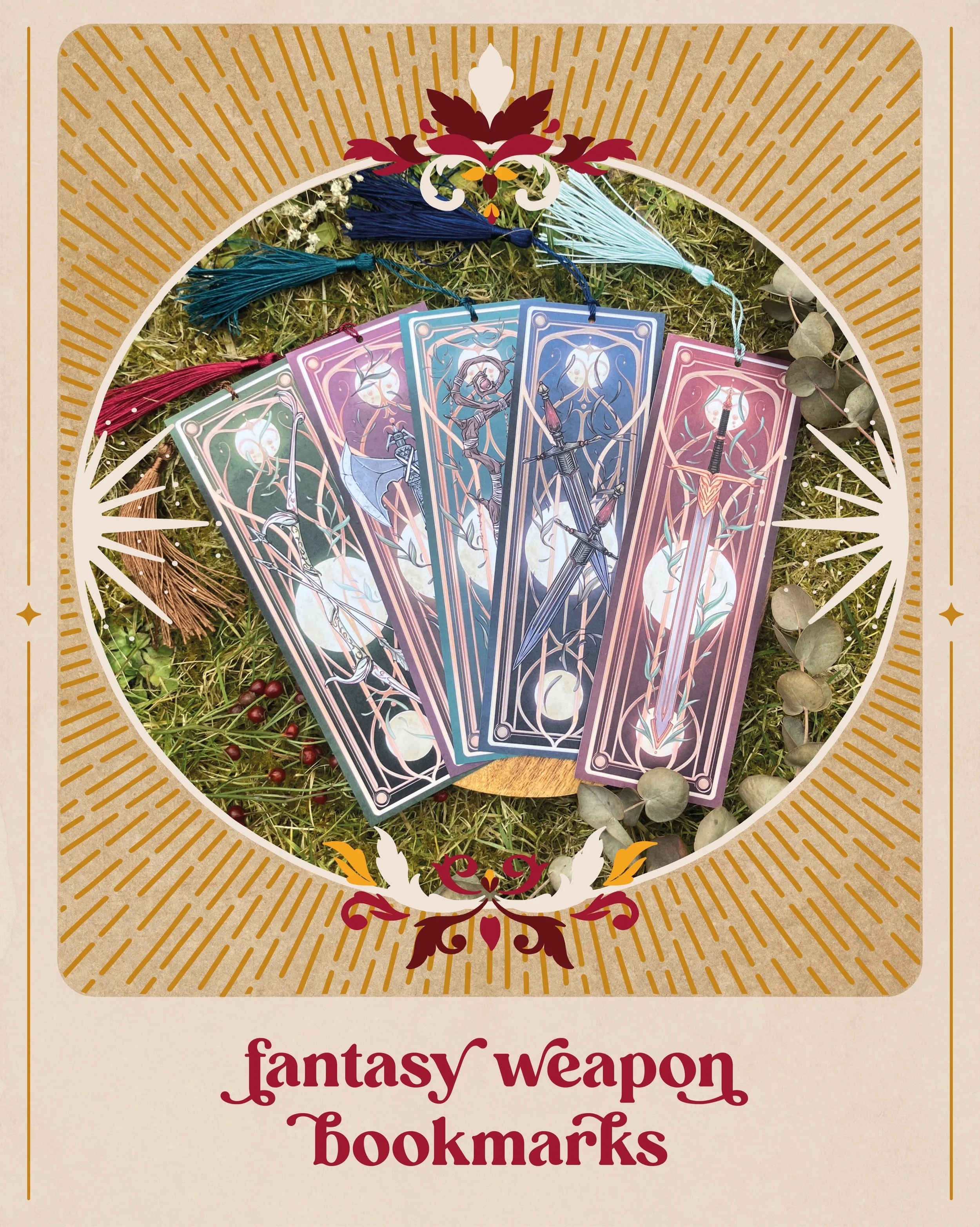🔸Our bestselling fantasy weapon bookmark series ✨ 

For all readers who enjoy adventures with duels, sword fights, and hunting, or need a themed bookmark for their D&amp;D/TTRPG character class. ⚔️ 📖 🏹

These lovely bookmarks feature vibrant illus