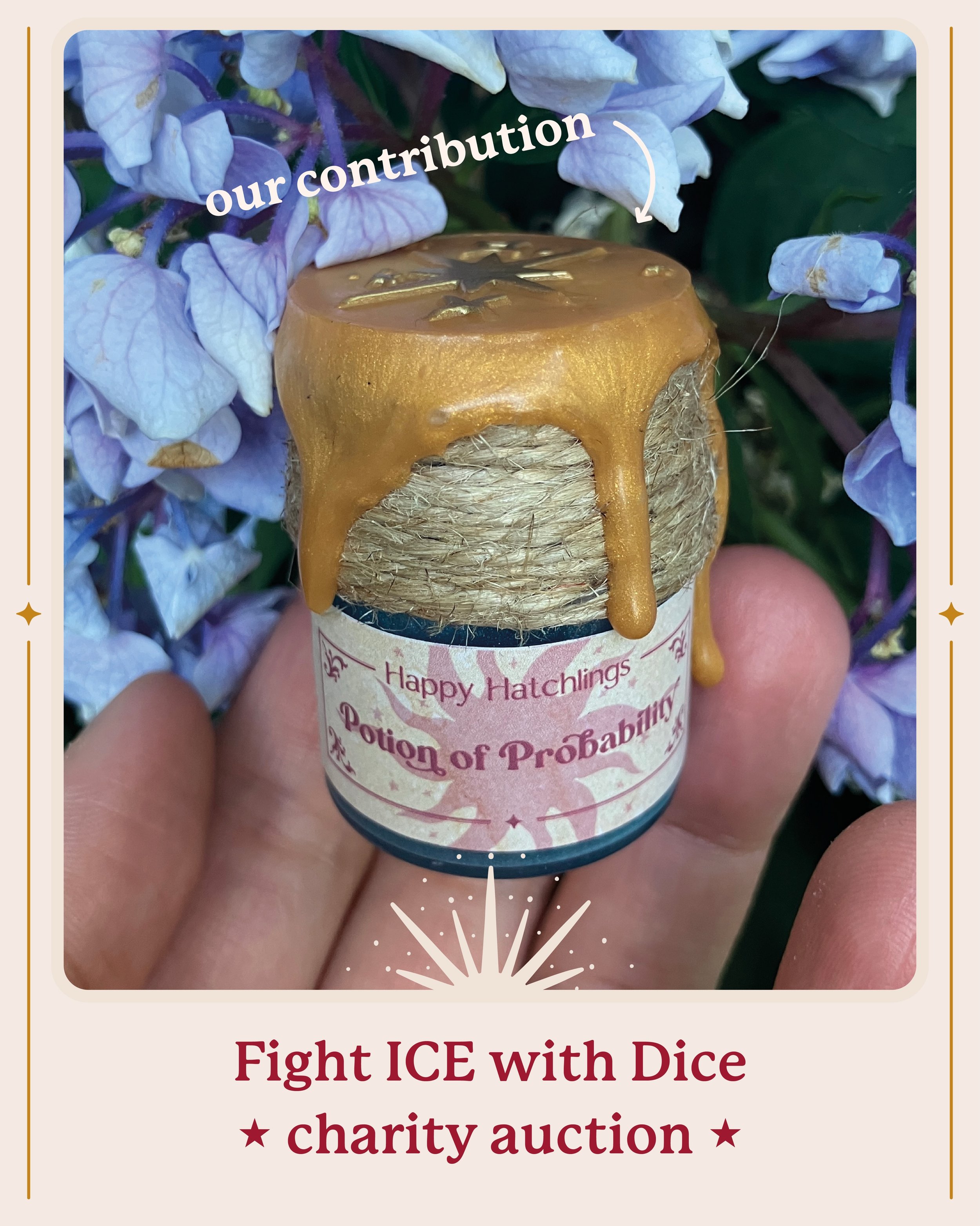🔸 Super excited to be part of &rdquo;Fight ICE with Dice&ldquo; charity auction! ✨ 

We&rsquo;re contributing one of our handmade mini floating d20 potion 🎲 
Over 80 super talented creators from the TTRPG community are participating.

You can bid o