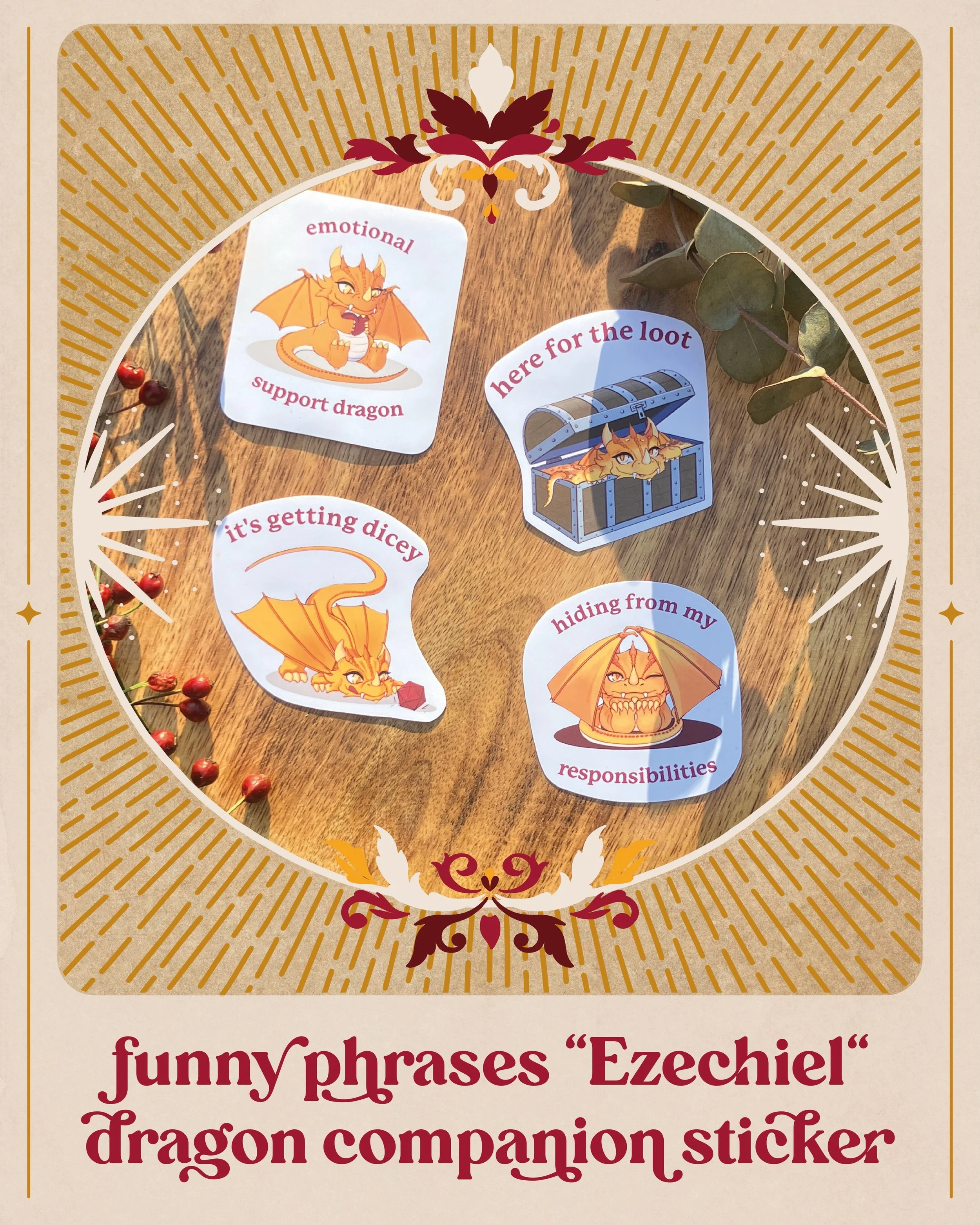 🔸need an emotional support dragon? take a companion with you! ✨ 

our bestselling Ezechiel stickers come with &amp; without funny phrases
&amp; we also have some other animal companions waiting for you 🧡 
Let them protect you on all your adventures