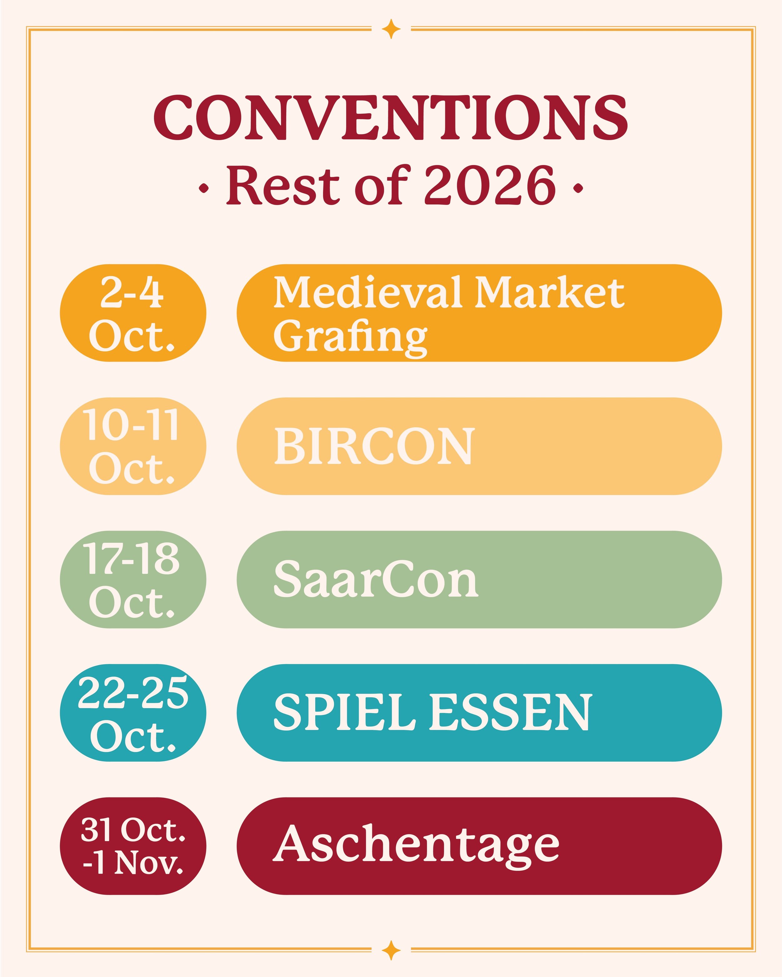🔸Here&rsquo;s our con calendar for the rest of 2026!
Packed with so many fun events all over Germany and two more in Austria ✨

We hope to meet many familiar &amp; new faces 🧡 
Will we see you at one of these? 

#happyhatchlings #convention #ttrpg 