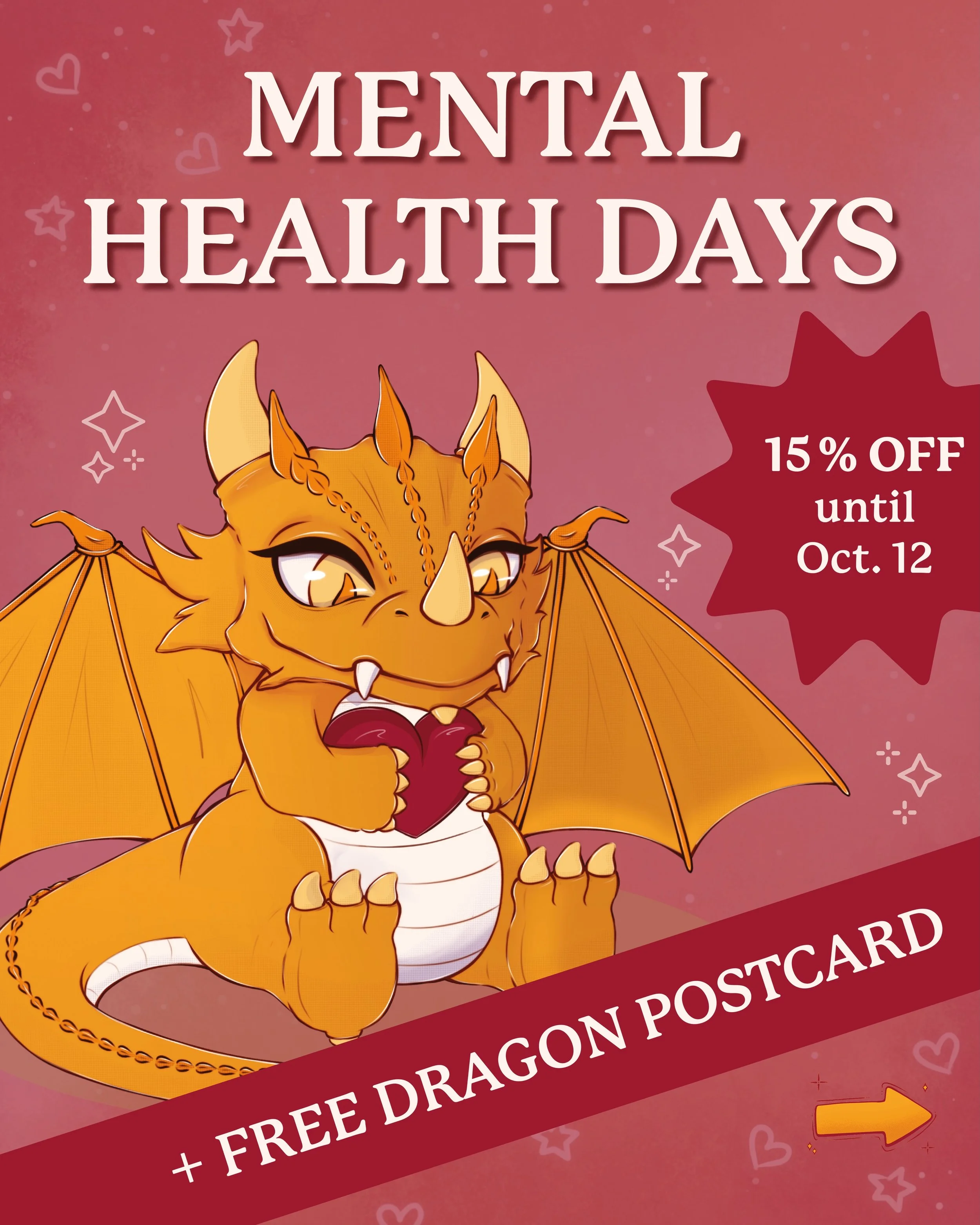 🔸The world is a better place with you in it 🧡 

October 10 is world mental health day! 
As this topic very personal &amp; important to us, we&rsquo;ll be sending out free &bdquo;emotional support dragon&ldquo; postcards with every order + 15% off e
