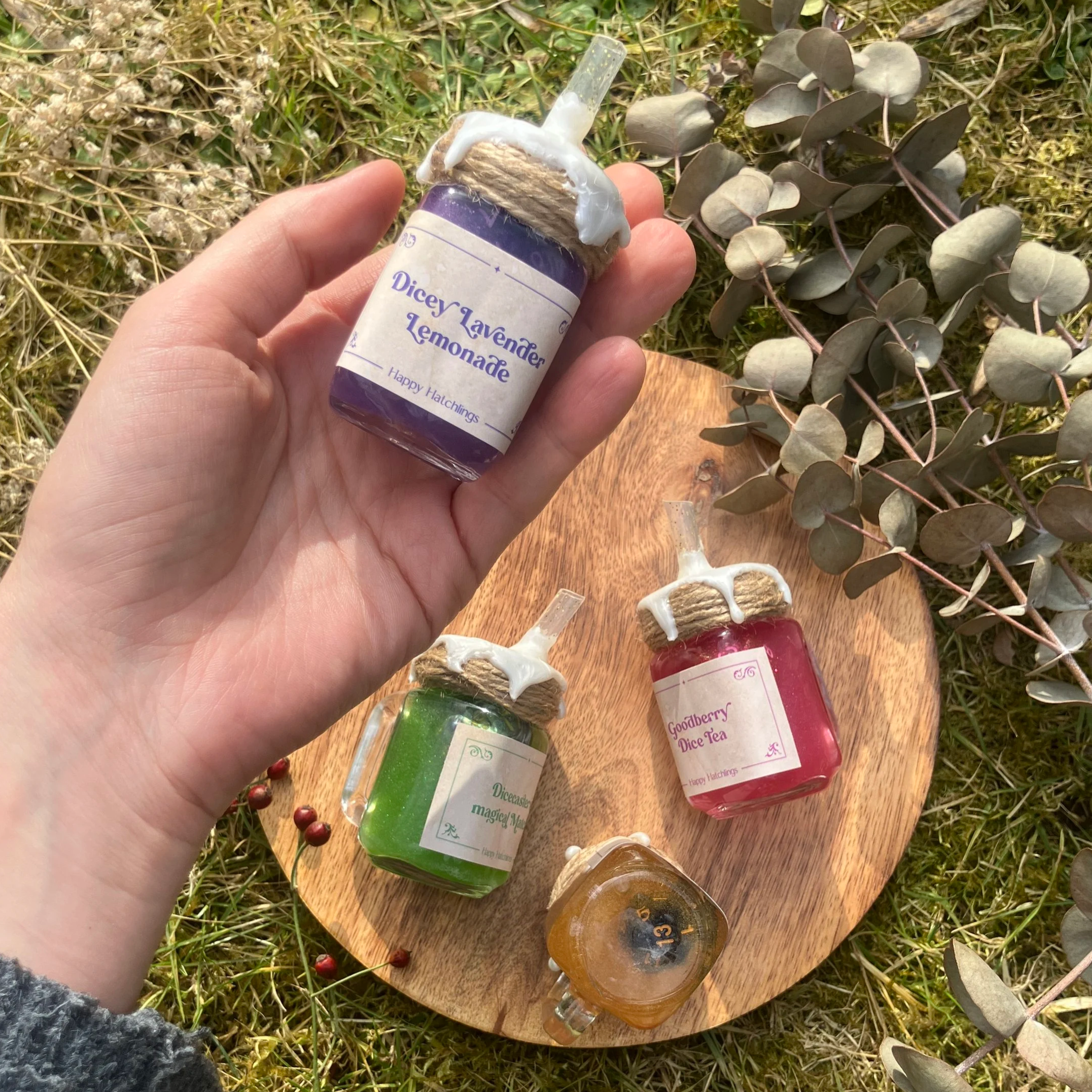 floating d20 TTRPG fantasy drink ◆ dice potion