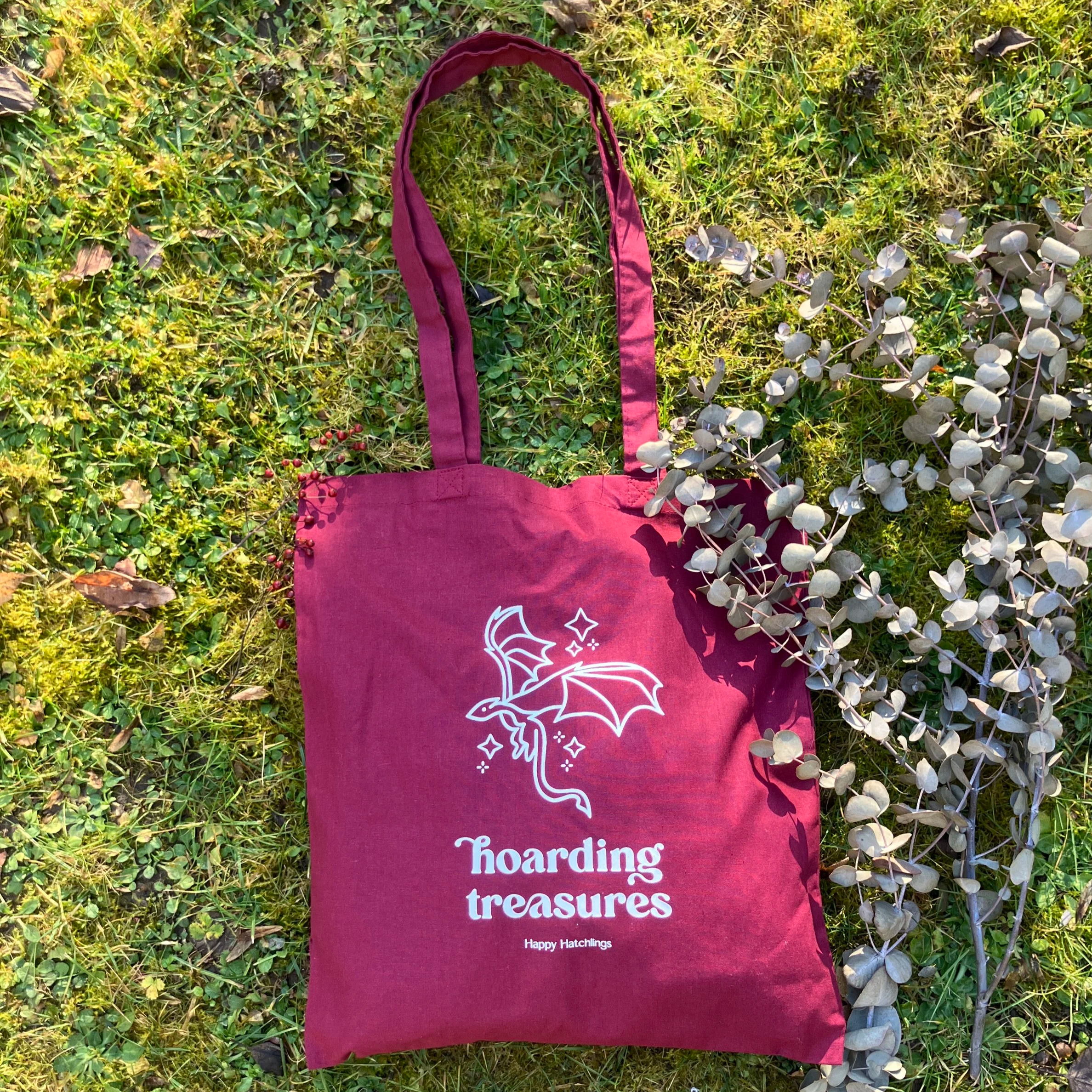 "hoarding treasures" dragon & sparkles ◆ burgundy cotton bag