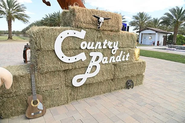 Hay bales stacked with a sign that reads 'Country Bandit,' a guitar leaning against the hay, a small black and white cow figure on top, and a palm tree background.