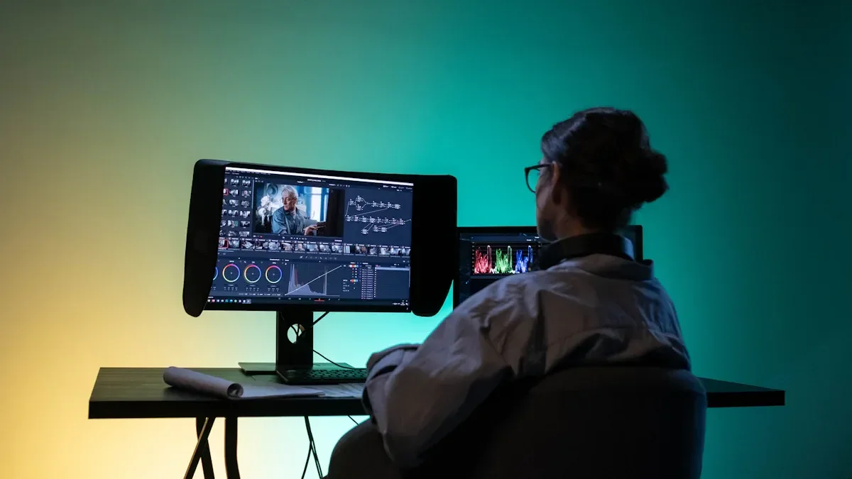 An editor sitting in a chair in front of two monitors that have DaVinci Color grading pages open on the screen. Using Luts