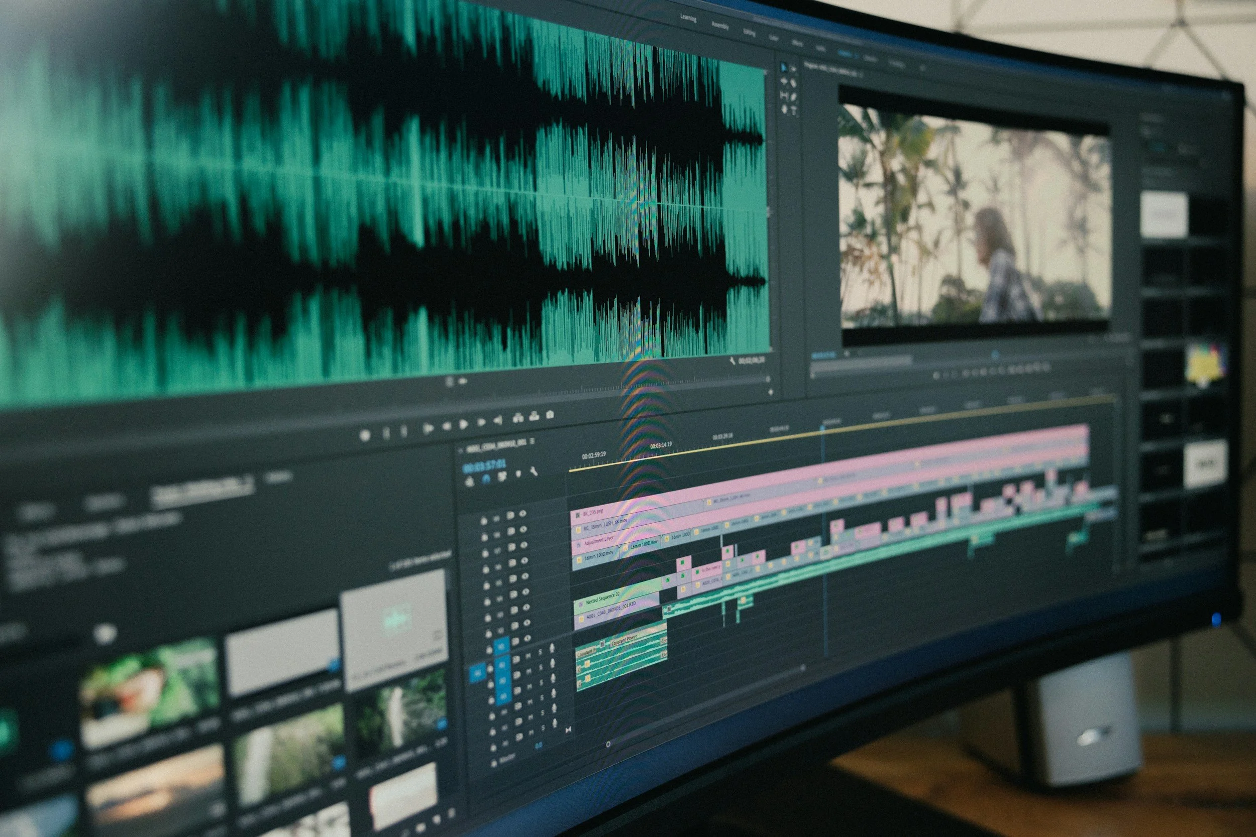 Professional video editing timeline showing audio waveforms and cinematic footage, demonstrating an efficient Sony FX3 editing workflow