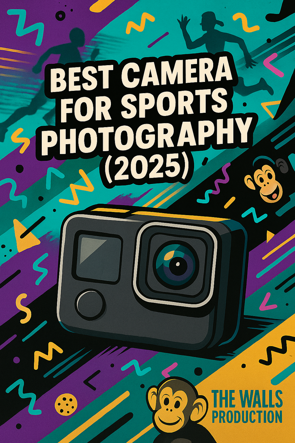 Retro memphis style blog cover image reading Best camera for sports photography (2025)